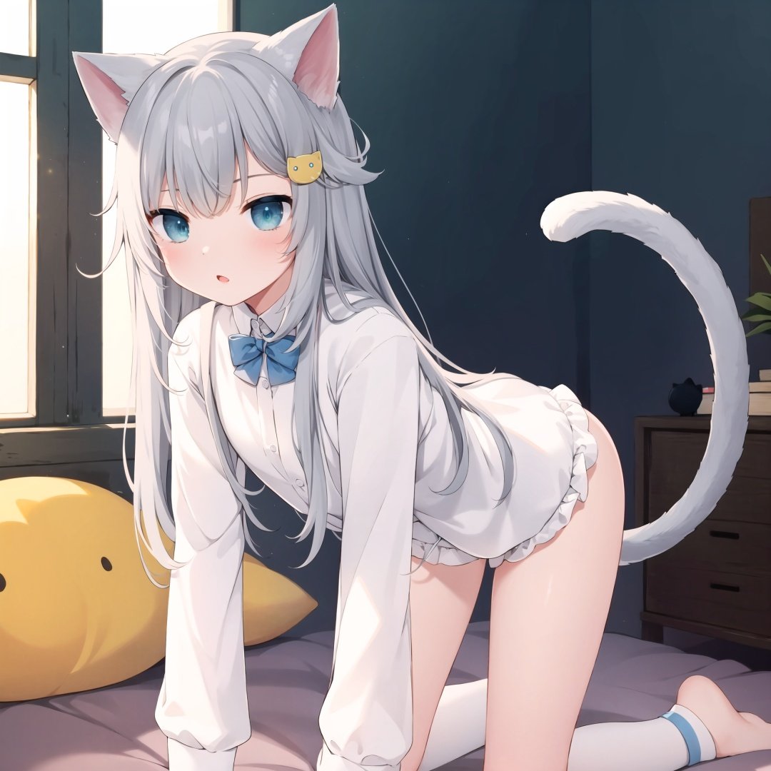  1girl, cat ears, animal ears, tail, cat tail, shirt, underwear, blue eyes, looking at viewer, grey hair, long hair, cat girl, sleeves past wrists, white shirt, long sleeves, bangs, parted lips, blush, all fours, bloomers, clock, solo, hair ornament, virtual youtuber, panties, sleeves past fingers, white panties, feet out of frame