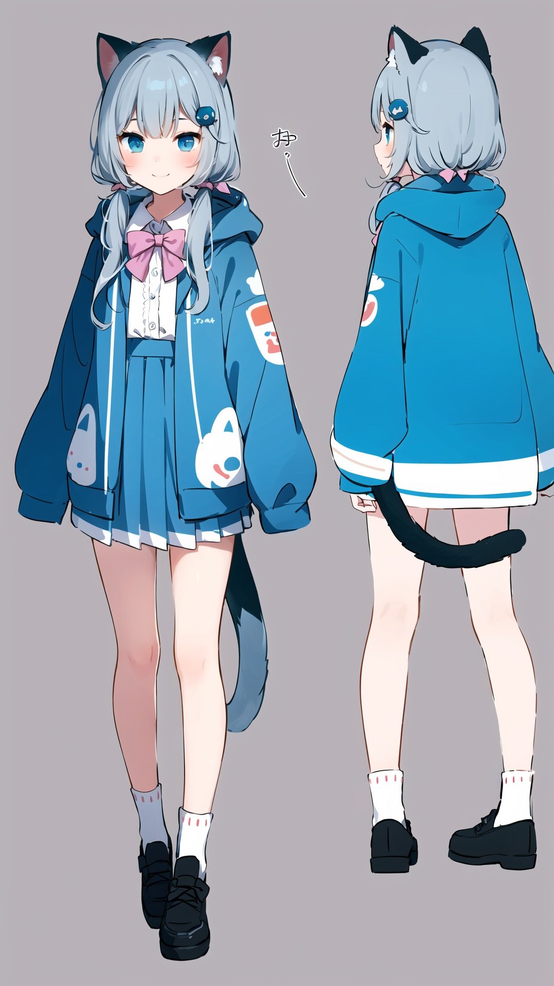 1girl, animal ears, multiple views, sleeves past wrists, twintails, tail, cat ears, hood, hood down, cat girl, shirt, grey hair, white shirt, cat tail, skirt, closed mouth, blue eyes, socks, sleeves past fingers, jacket, hair ornament, hooded jacket, collared shirt, virtual youtuber, open clothes, blue background, long hair, bow, bangs, shoes, animal hood, open jacket, striped, dress shirt, low twintails, fake animal ears, long sleeves, hairclip, pleated skirt, blue skirt, frills, simple background, blue bow, blue jacket, smile, drawstring, looking at viewer, black footwear