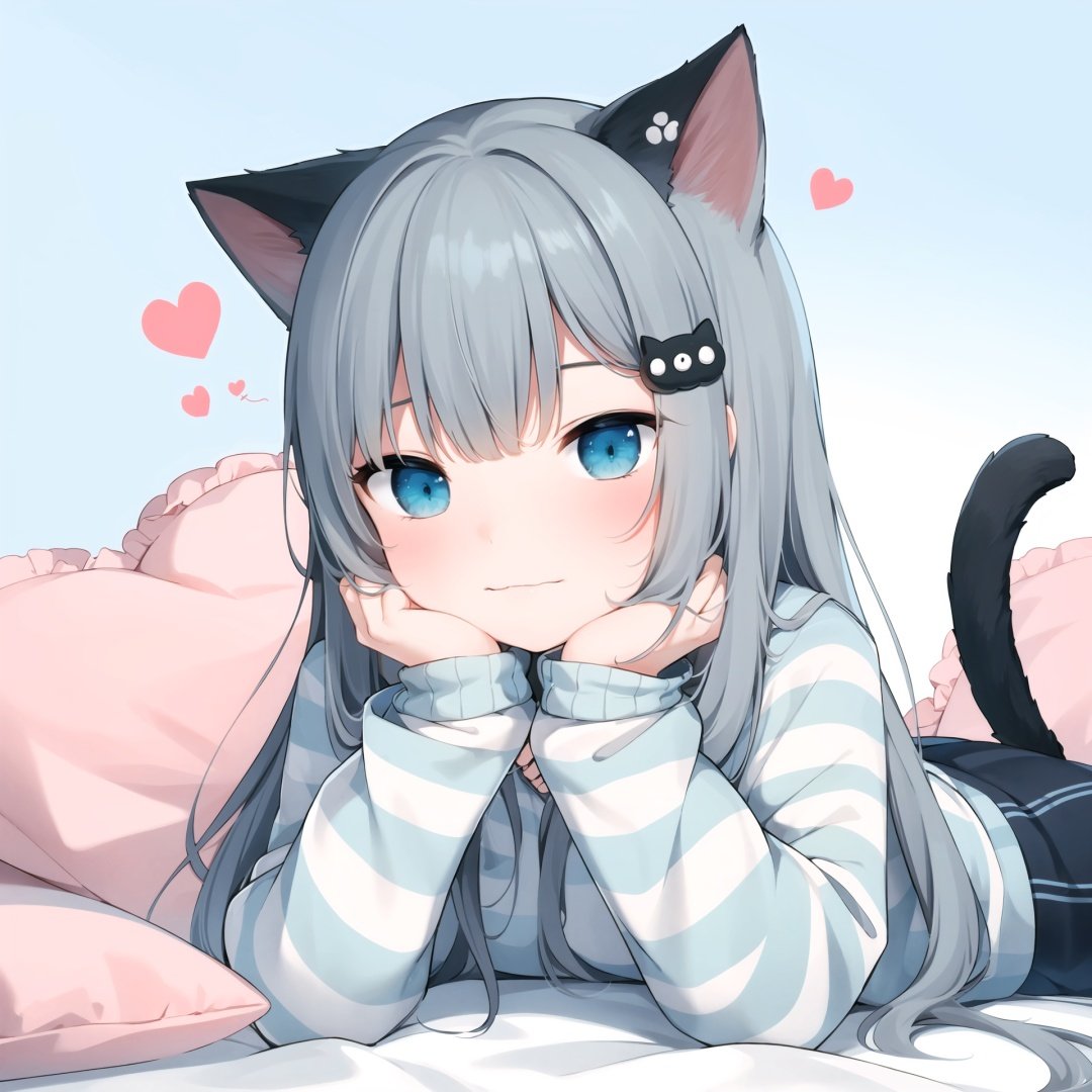 1girl, cat ears, animal ears, lying, cat tail, striped, on stomach, slippers, cat girl, virtual youtuber, socks, long hair, tail, grey hair, striped socks, hair ornament, bangs, looking at viewer, solo, closed mouth, long sleeves, blue eyes, sleeves past wrists, heart, blush, shirt, :3, eyebrows hidden by hair, pillow, smile, white shirt, blue background