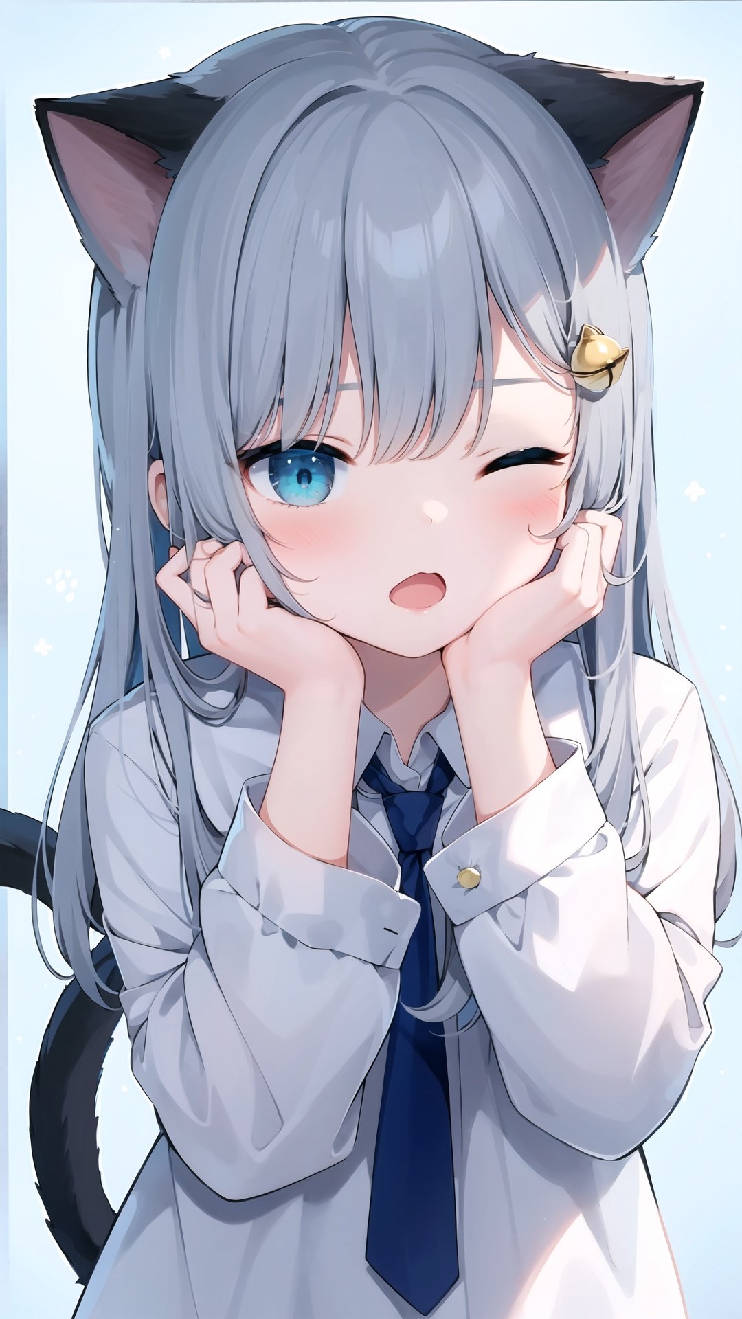 1girl, shirt, cat tail, dress shirt, collared shirt, cat ears, solo, white shirt, sleeves past wrists, cat girl, animal ears, hair ornament, tail, one eye closed, blue eyes, long hair, bangs, long sleeves, grey hair, white background, hand up, open mouth, hair between eyes, rubbing eyes, bell, looking at viewer, blue background, jingle bell, nail polish, hairclip, naked shirt, blush