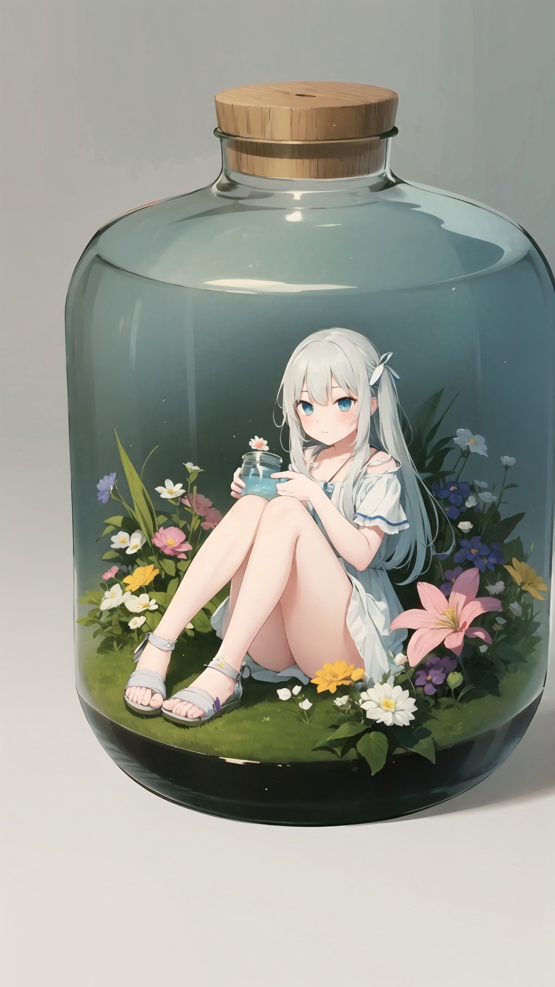 masterpiece, best quality, 1girl, in a jar, jar, simple background, full body, flower, sitting