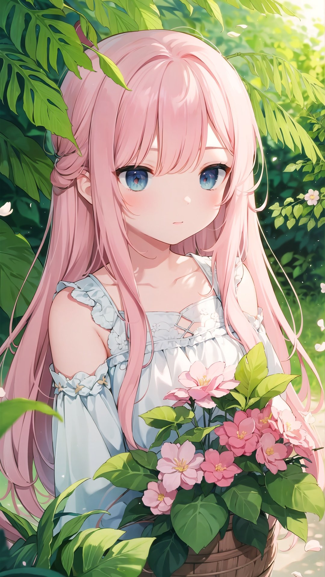 masterpiece, (((best quality))), ((highres)), 1girl, (((solo))), ray tracing, bokeh, (((hiding in the leaves))), pink flowers, petals, outdoor, chromatic aberration, ((lace trim)), hiten1