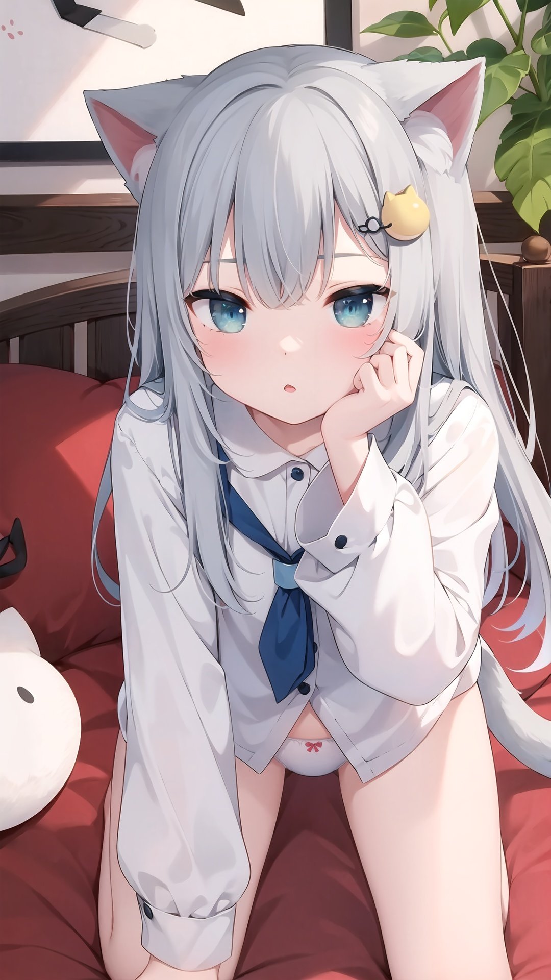 1girl, cat ears, animal ears, tail, cat tail, shirt, underwear, blue eyes, looking at viewer, grey hair, long hair, cat girl, sleeves past wrists, white shirt, long sleeves, bangs, parted lips, blush, all fours, bloomers, clock, solo, hair ornament, virtual youtuber, panties, sleeves past fingers, white panties, feet out of frame