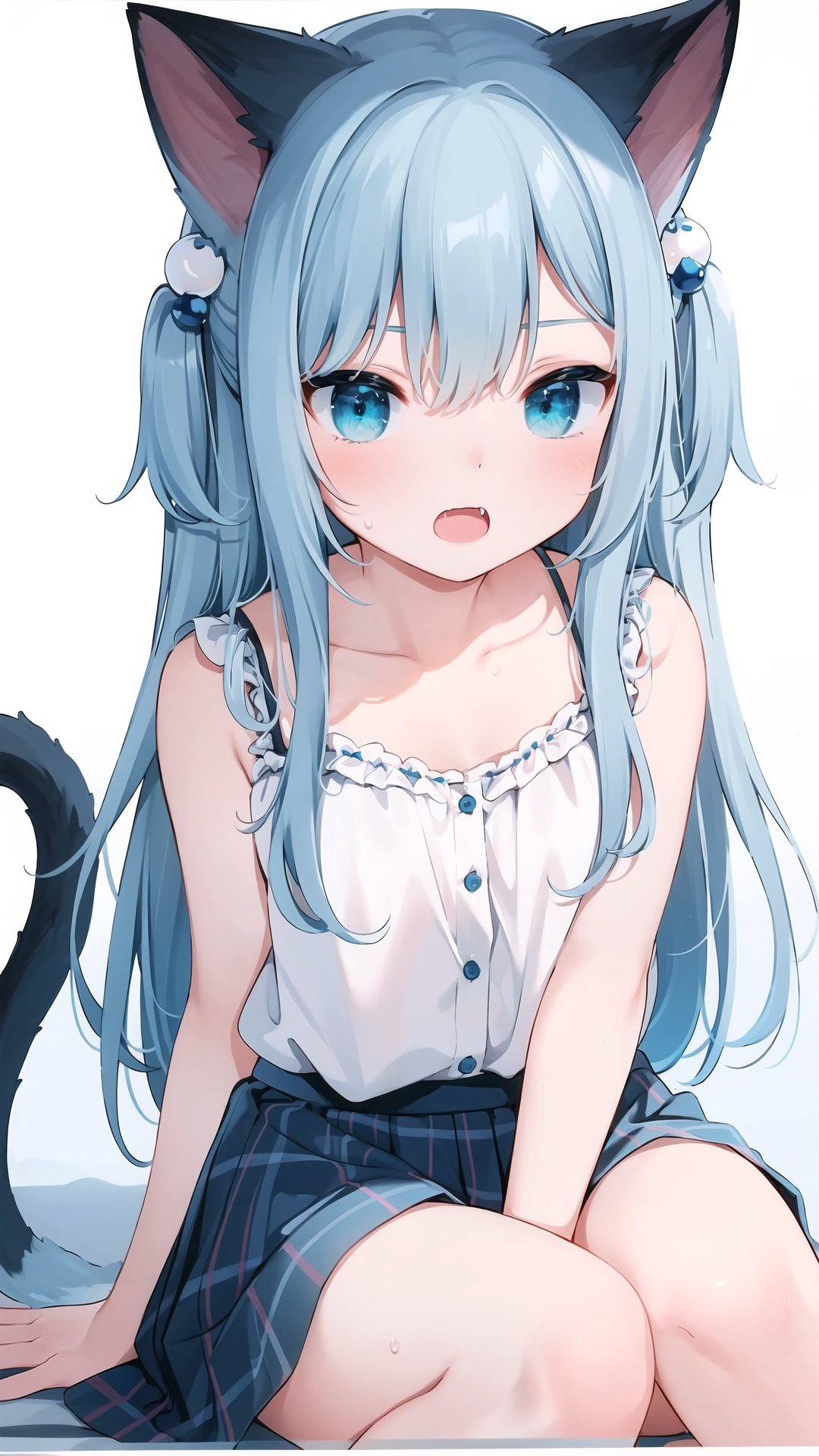 camisole, short shorts, cat ears, animal ears, cat tail, bare arms, blue eyes, tail, cat girl, sweat, skirt, shorts, 2girls, long hair, blue bow, white background, hair ornament, bow, bare shoulders, white camisole, multiple girls, bangs, shirt, strap slip, short sleeves, grey hair, pleated skirt, collared shirt, blue hair, fang, hair between eyes, plaid skirt, very long hair, blue shorts, white shirt, blush, dress shirt, simple background, arm up, plaid, one side up, grey skirt, sitting, open mouth, collarbone, black skirt, striped, feet out of frame