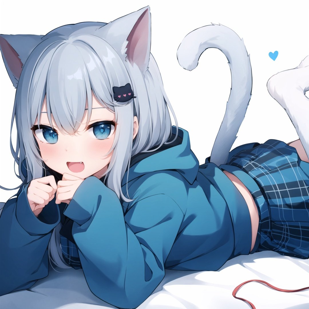  sleeves past wrists, 1girl, sleeves past fingers, animal ears, blue eyes, skirt, cat ears, grey hair, solo, tail, lying, on stomach, bangs, cat girl, looking at viewer, cat tail, long sleeves, pleated skirt, plaid skirt, plaid, hair ornament, hood, jacket, blue jacket, fang, open mouth, hood down, hair between eyes, eyebrows hidden by hair, heart, white skirt, blush, :d, blue skirt