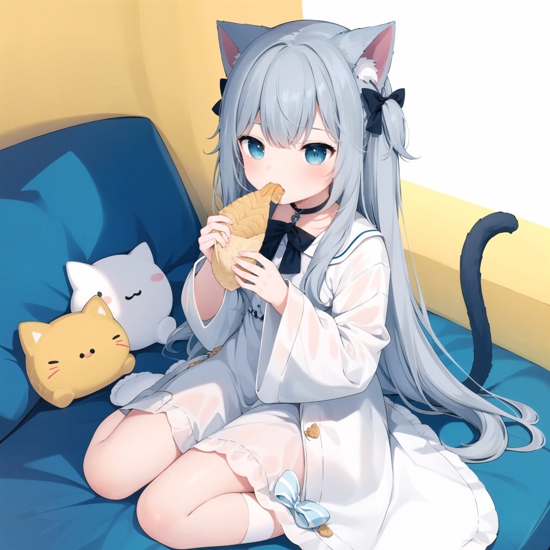 1girl, taiyaki, food, eating, cat ears, wagashi, animal ears, grey hair, wariza, blue eyes, cat girl, sitting, slippers, striped, solo, long hair, bottle, hair ornament, long sleeves, tail, bangs, cat tail, striped socks, holding, looking at viewer, wide sleeves, dress, socks, bow, white dress, virtual youtuber, fang, black bow