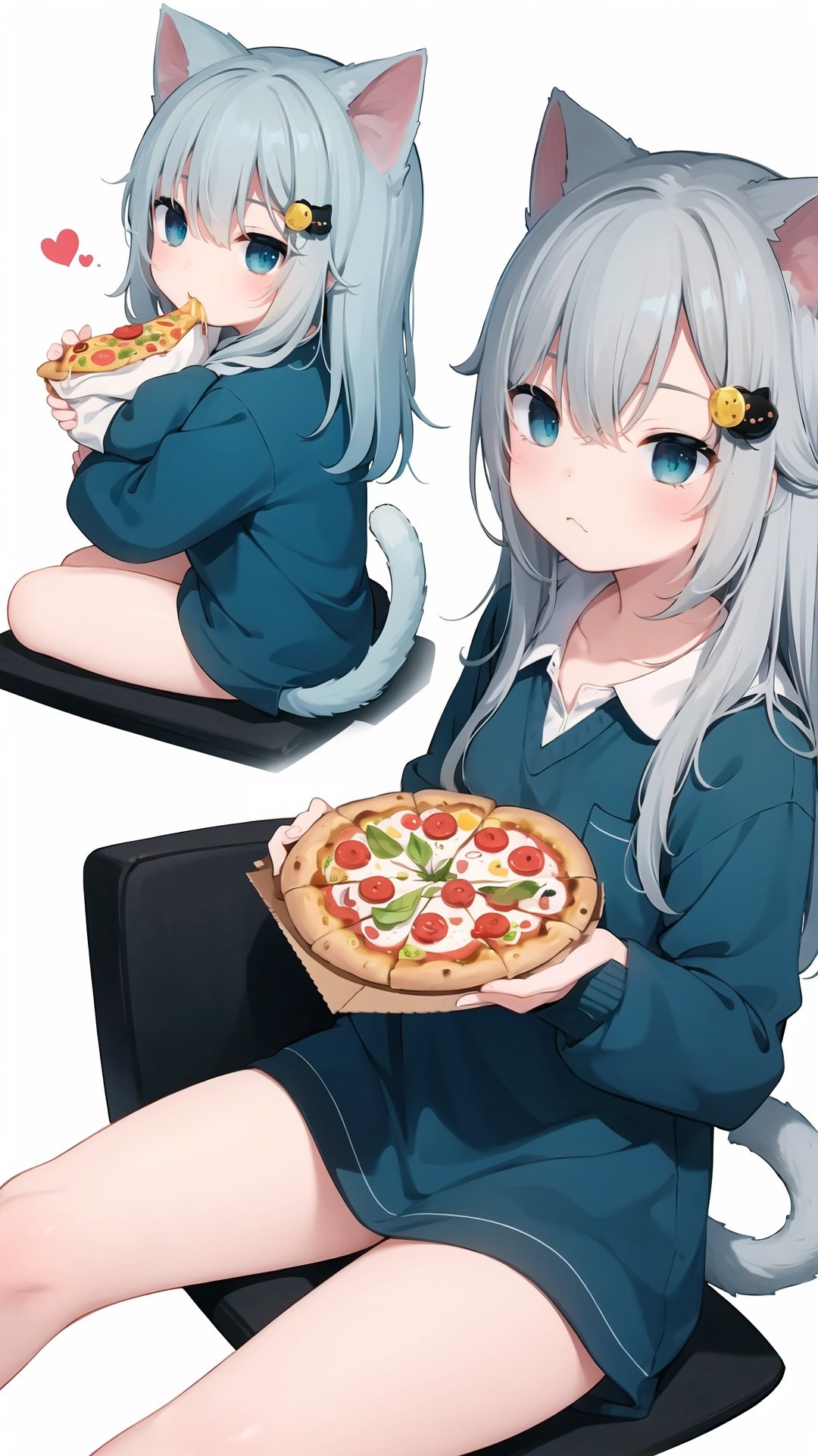 1girl, cat ears, cat tail, animal ears, food, tail, cat girl, multiple views, pizza, grey hair, bangs, barefoot, white background, heart, long hair, blush stickers, closed eyes, holding, shirt, blue eyes, eating, holding food, collared shirt, object hug, food-themed hair ornament, hair ornament, hair between eyes, dated, long sleeves, chibi, blue shirt, pizza slice, sitting, stuffed toy, sleeves past wrists, hairclip, simple background