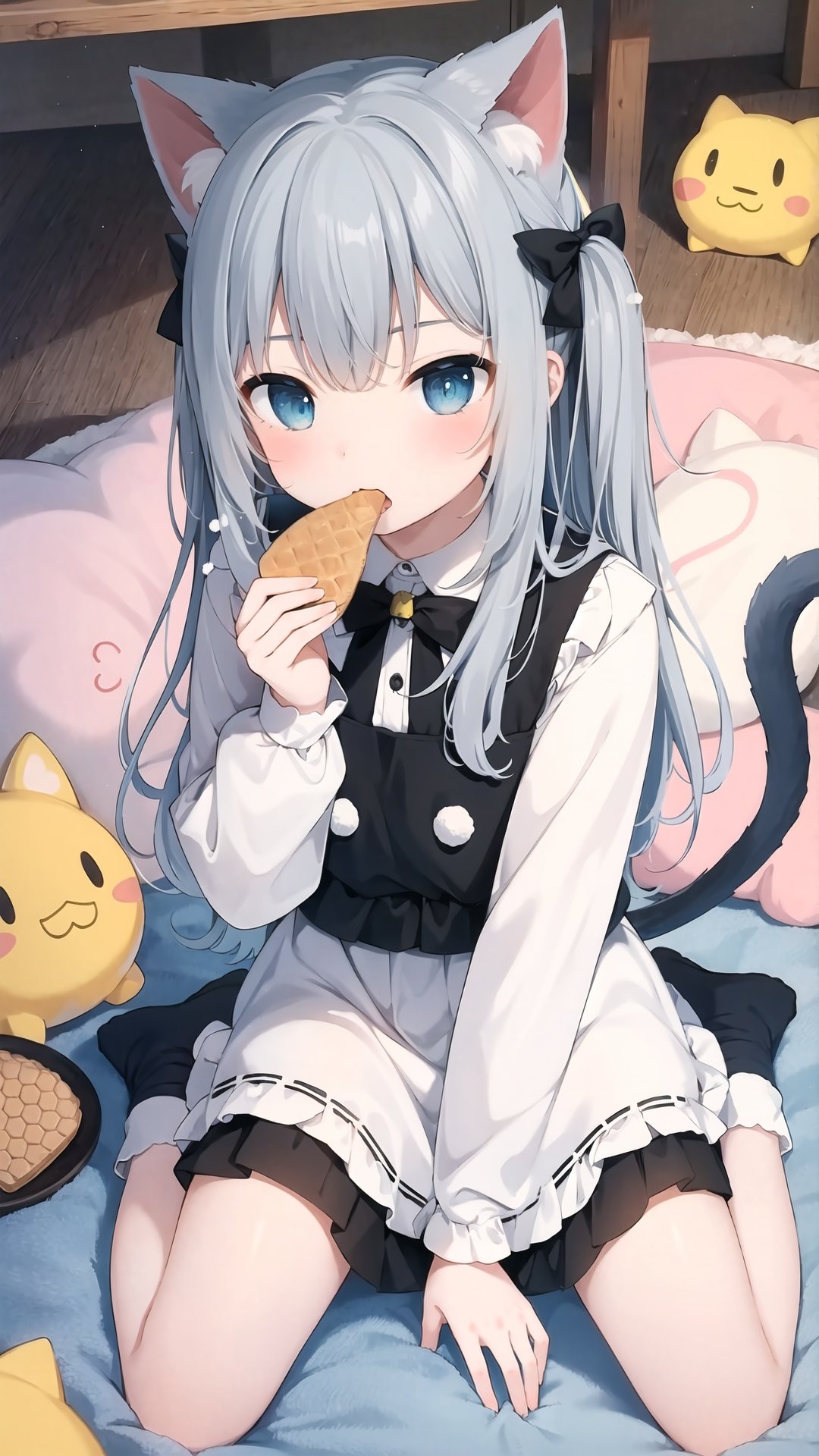 1girl, taiyaki, food, eating, cat ears, wagashi, animal ears, grey hair, wariza, blue eyes, cat girl, sitting, slippers, striped, solo, long hair, bottle, hair ornament, long sleeves, tail, bangs, cat tail, striped socks, holding, looking at viewer, wide sleeves, dress, socks, bow, white dress, virtual youtuber, fang, black bow