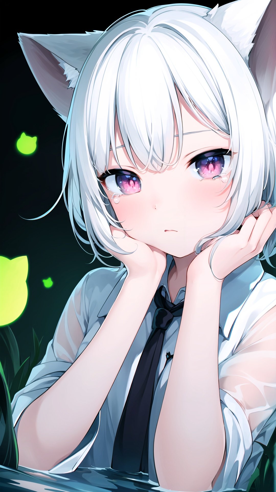 best quality, (chromatic aberration), (beautiful young female:1.4), (streaming tears),sad, (catnip), (catnip), (catnip), looking at viewer, partially submerged, both hands on own cheek, {see-through long shirt},Cat ears, (white hair, short hair, bangs:1.2), (glowing eyes),black background, (prismatic),