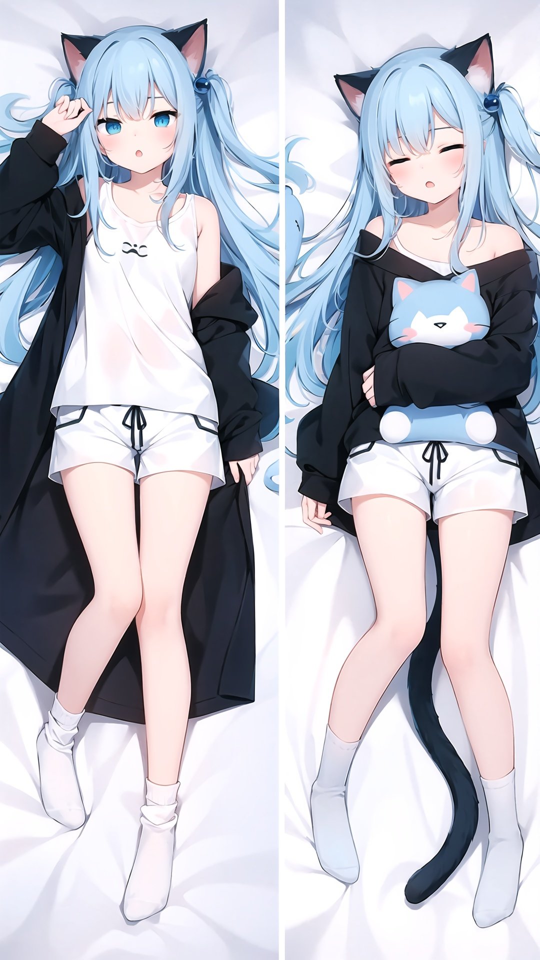 animal ears, cat ears, 1girl, cat tail, tail, multiple views, long sleeves, blue hair, cat girl, no shoes, sleeves past wrists, shirt, on back, stuffed toy, long hair, lying, off shoulder, blue eyes, white shirt, parted lips, stuffed cat, socks, off-shoulder shirt, short shorts, bed sheet, bangs, stuffed animal, hand up, closed eyes, blush, pinching sleeves, shorts, dakimakura \(medium\), very long hair, hair ornament, white shorts, bare shoulders, :o, hair between eyes, collarbone, one side up, print shirt, object hug