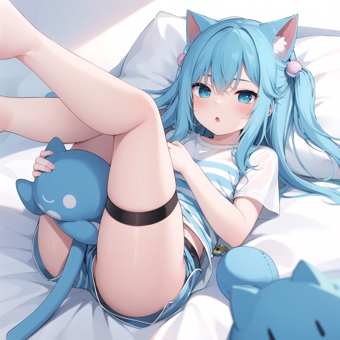  1girl, striped shorts, stuffed cat, solo, cat tail, shirt, blue hair, stuffed toy, legs up, blue eyes, cat ears, short shorts, shorts, stuffed animal, cat girl, bangs, animal ears, tail, on back, lying, white shirt, long hair, short sleeves, feet out of frame, blue shorts, striped, looking at viewer, hair between eyes, blush, parted lips, bed sheet, ass, pillow, :o