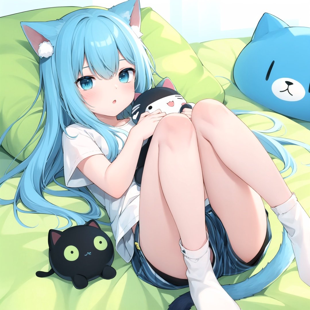  1girl, striped shorts, stuffed cat, solo, cat tail, shirt, blue hair, stuffed toy, legs up, blue eyes, cat ears, short shorts, shorts, stuffed animal, cat girl, bangs, animal ears, tail, on back, lying, white shirt, long hair, short sleeves, feet out of frame, blue shorts, striped, looking at viewer, hair between eyes, blush, parted lips, bed sheet, ass, pillow, :o