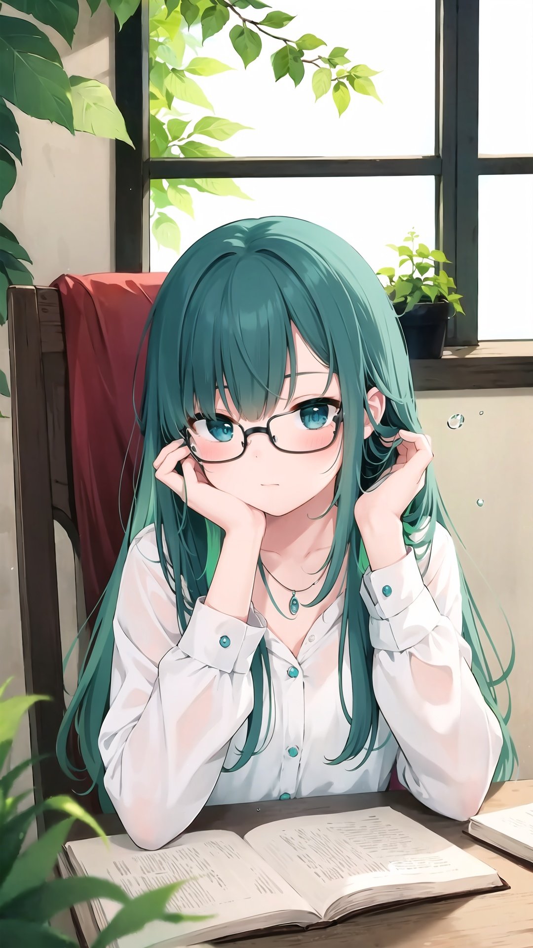 1girl, solo, glasses, jewelry, sitting, blue eyes, looking at viewer, long hair, bangs, necklace, water drop, shirt, green hair, rain, multicolored hair, chair, head rest, gradient hair, white shirt, signature, cup, black hair, indoors, table, closed mouth, page number, book, from outside, artist name, window, pencil, breasts, long sleeves, blurry, plant, fingernails, shiny hair