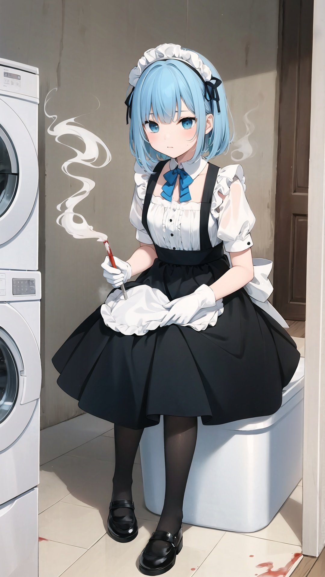 cigarette, smoking, 1girl, maid, blood, maid headdress, blue hair, gloves, dress, blood on clothes, white gloves, blue eyes, lighter, apron, black dress, smoke, short hair, sitting, trash bag, washing machine, looking at viewer, short sleeves, frills, solo focus, basket, pantyhose, holding, black footwear, maid apron, shoes