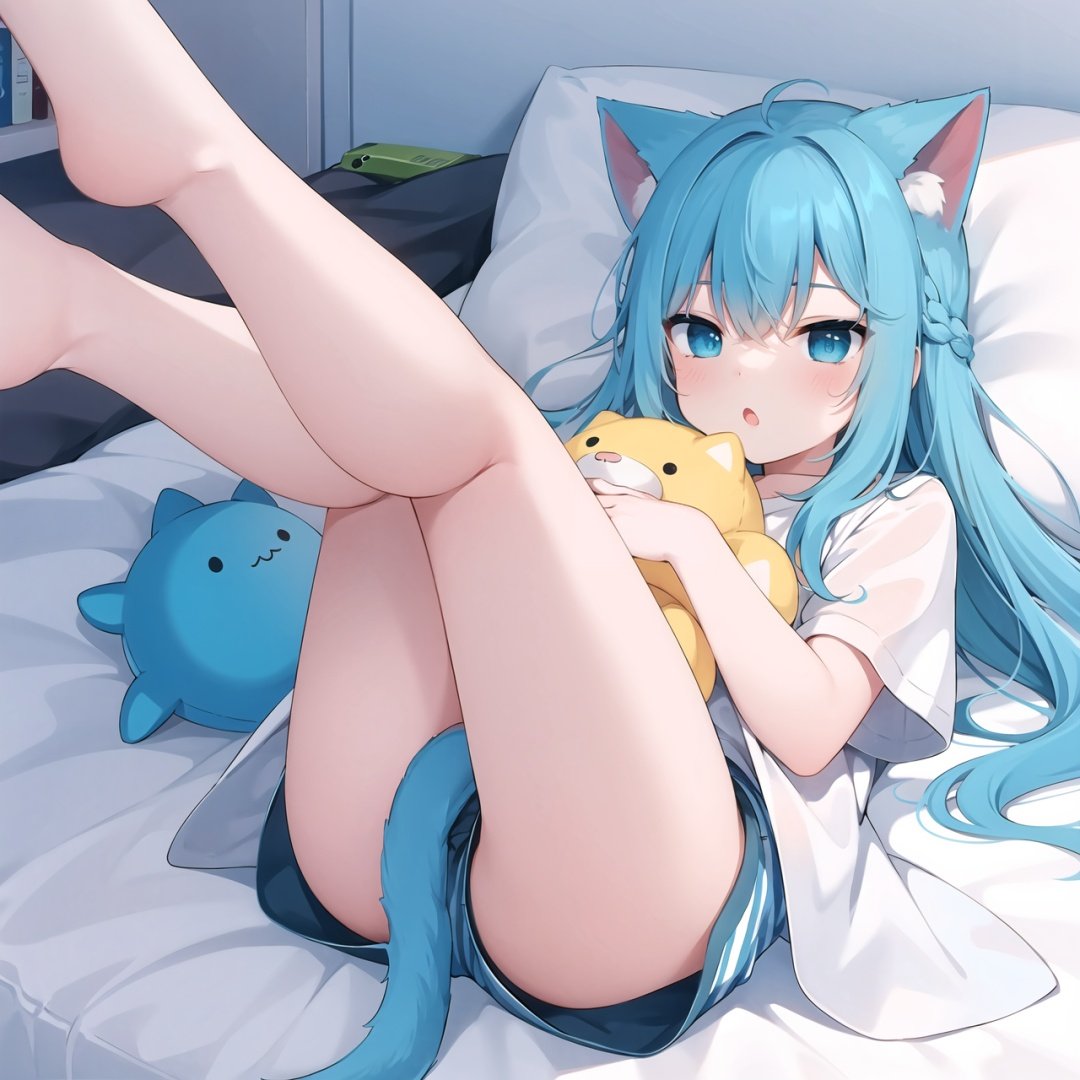  1girl, striped shorts, stuffed cat, solo, cat tail, shirt, blue hair, stuffed toy, legs up, blue eyes, cat ears, short shorts, shorts, stuffed animal, cat girl, bangs, animal ears, tail, on back, lying, white shirt, long hair, short sleeves, feet out of frame, blue shorts, striped, looking at viewer, hair between eyes, blush, parted lips, bed sheet, ass, pillow, :o