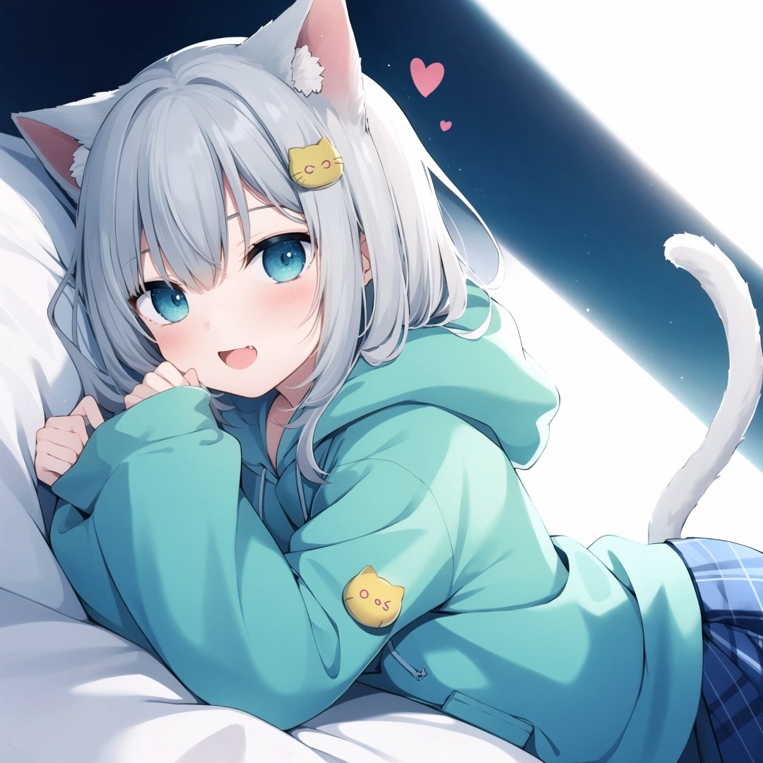  sleeves past wrists, 1girl, sleeves past fingers, animal ears, blue eyes, skirt, cat ears, grey hair, solo, tail, lying, on stomach, bangs, cat girl, looking at viewer, cat tail, long sleeves, pleated skirt, plaid skirt, plaid, hair ornament, hood, jacket, blue jacket, fang, open mouth, hood down, hair between eyes, eyebrows hidden by hair, heart, white skirt, blush, :d, blue skirt