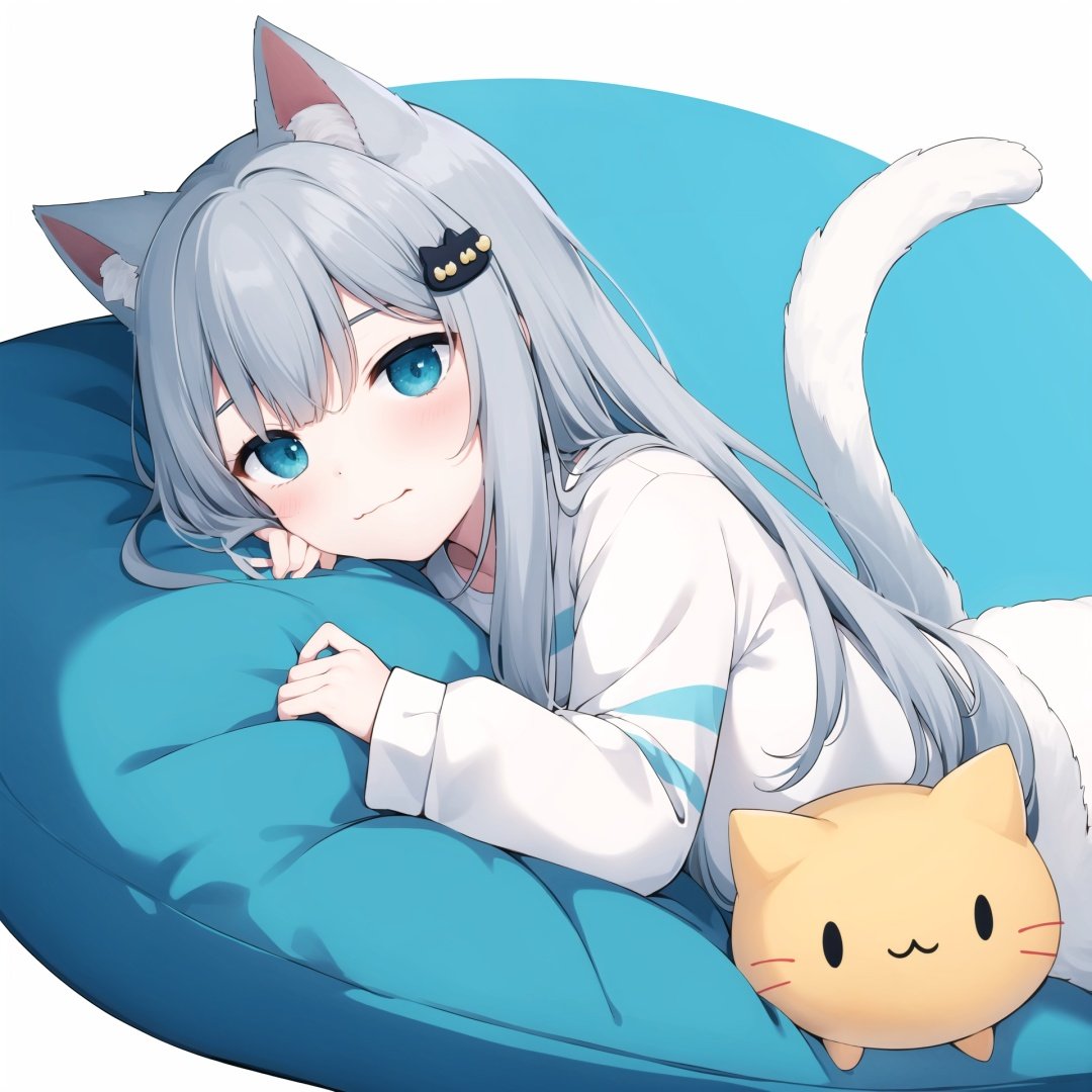  1girl, cat ears, animal ears, lying, cat tail, striped, on stomach, slippers, cat girl, virtual youtuber, socks, long hair, tail, grey hair, striped socks, hair ornament, bangs, looking at viewer, solo, closed mouth, long sleeves, blue eyes, sleeves past wrists, heart, blush, shirt, :3, eyebrows hidden by hair, pillow, smile, white shirt, blue background