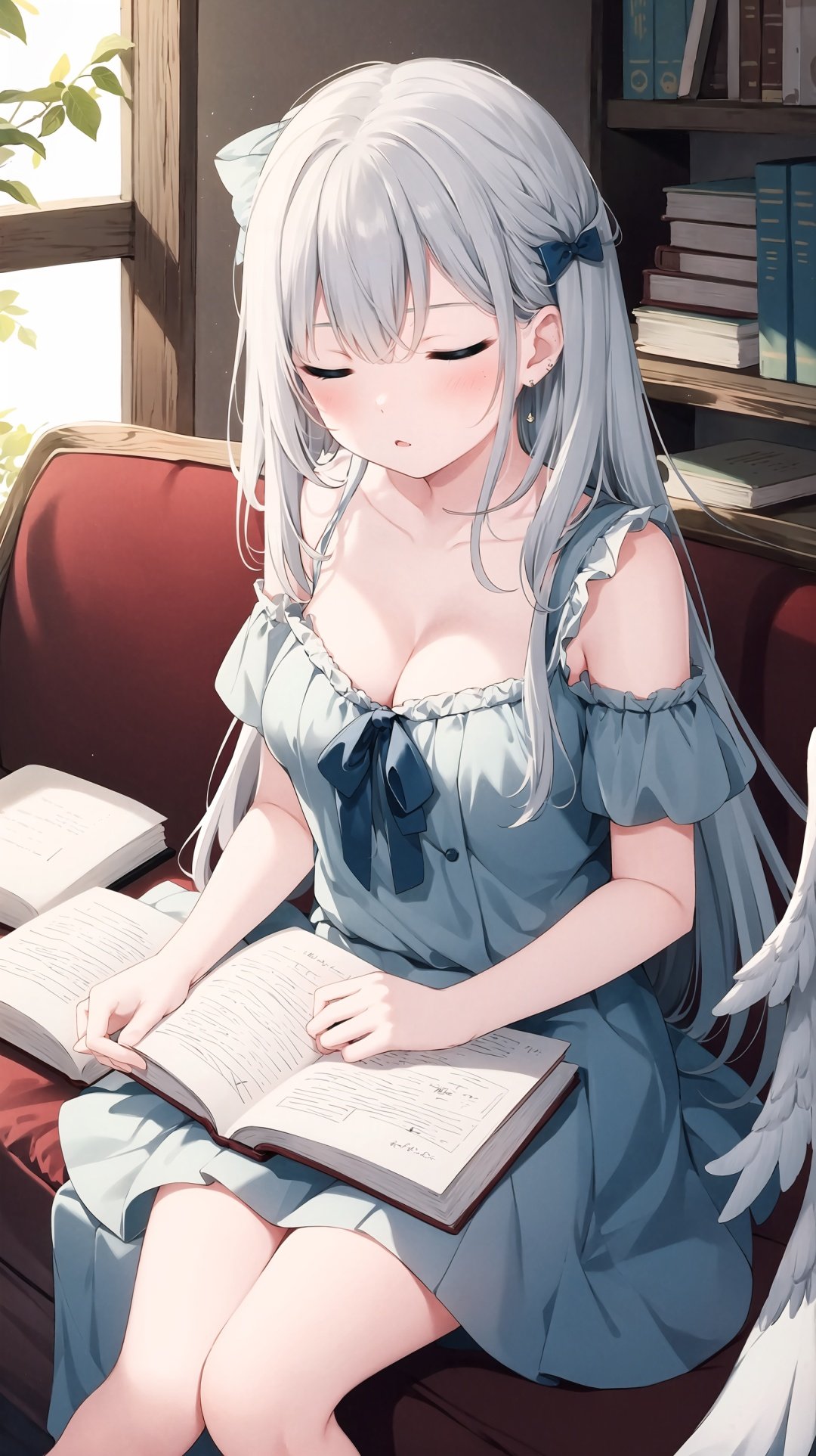  1girl, solo, book, closed eyes, long hair, bow, breasts, hair bow, wings, dress, feathered wings, open book, sitting, bare shoulders, earrings, jewelry, braid, sleeping, bangs, collarbone, cleavage, grey dress, medium breasts, parted lips