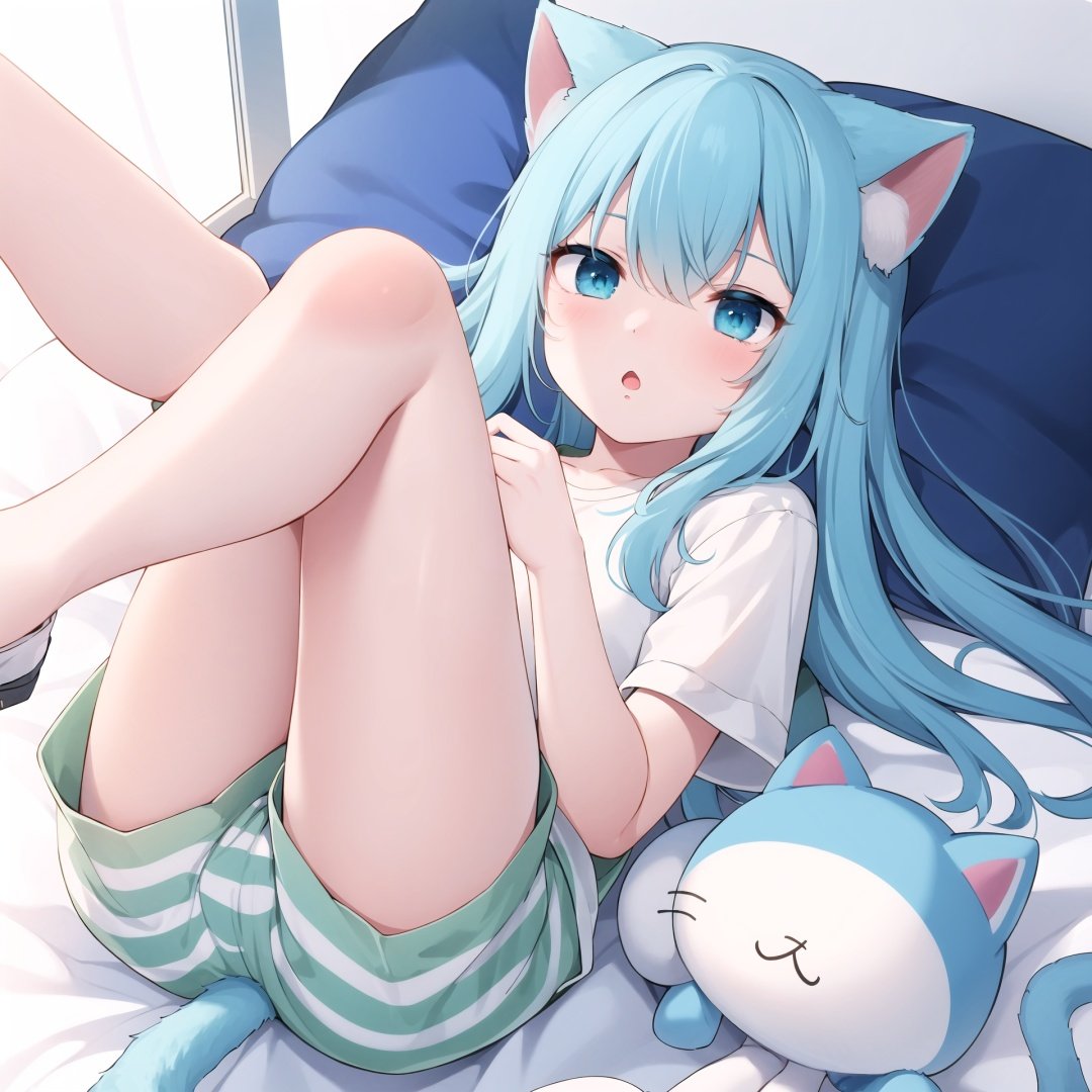  1girl, striped shorts, stuffed cat, solo, cat tail, shirt, blue hair, stuffed toy, legs up, blue eyes, cat ears, short shorts, shorts, stuffed animal, cat girl, bangs, animal ears, tail, on back, lying, white shirt, long hair, short sleeves, feet out of frame, blue shorts, striped, looking at viewer, hair between eyes, blush, parted lips, bed sheet, ass, pillow, :o