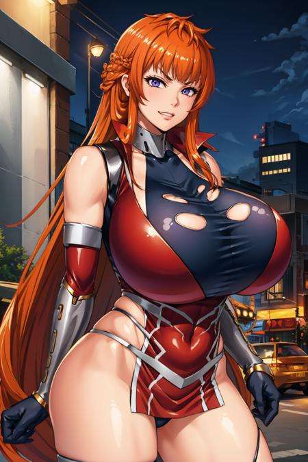 masterpiece, best quality, kamimura maika, bodysuit, elbow gloves, gigantic breasts, cowboy shot, looking at viewer, furrowed brow, smirk, teeth, night, city street <lora:maika-nvwls-v1-000009:0.9> 