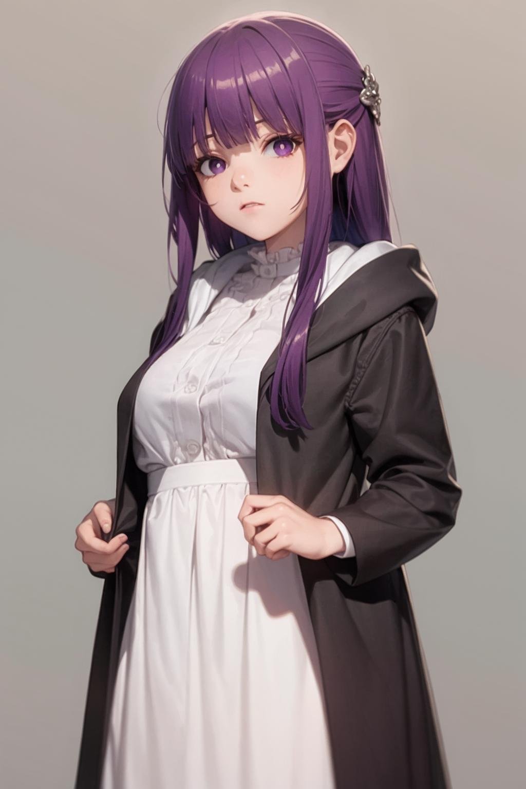 masterpiece, best quality, <lora:ferunn:1>,1girl,purple hair, long hair,sidelocks, hair ornament,purple eyes, hood down,white shirt,jacket,open clothes,center frills,grey background,:i,=3