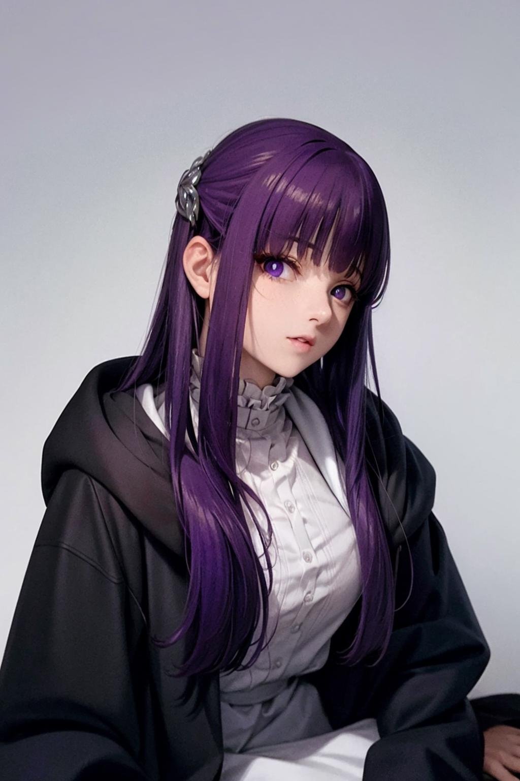 masterpiece, best quality,  <lora:ferunn:1>,1girl,purple hair, long hair,sidelocks, hair ornament,purple eyes, hood down,white shirt,jacket,open clothes,center frills,grey background, 