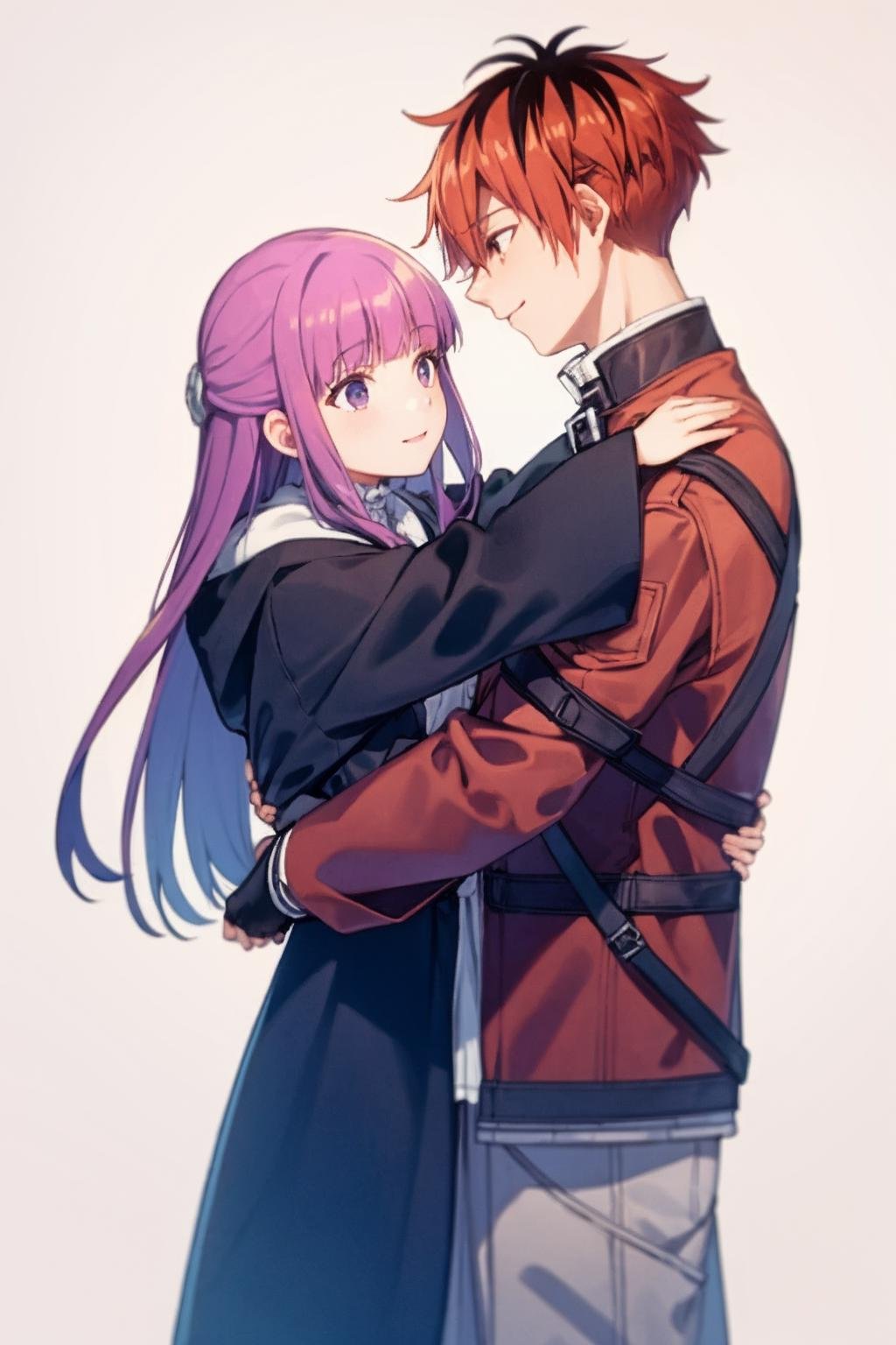 masterpiece, best quality, <lora:ferunn:1>,1girl, 1boy, purple hair, long hair, multicolored hair, looking at another, smile, two-tone hair, red hair, dress, grey background, gloves, simple background, fingerless gloves, black hair, long sleeves, hetero, bangs, short hair, wide sleeves, black eyes, white dress, eye contact, black gloves, orange hair, robe, couple, hug, half updo, streaked hair, coat, jacket, carrying, blunt bangs, red jacket, very long hair