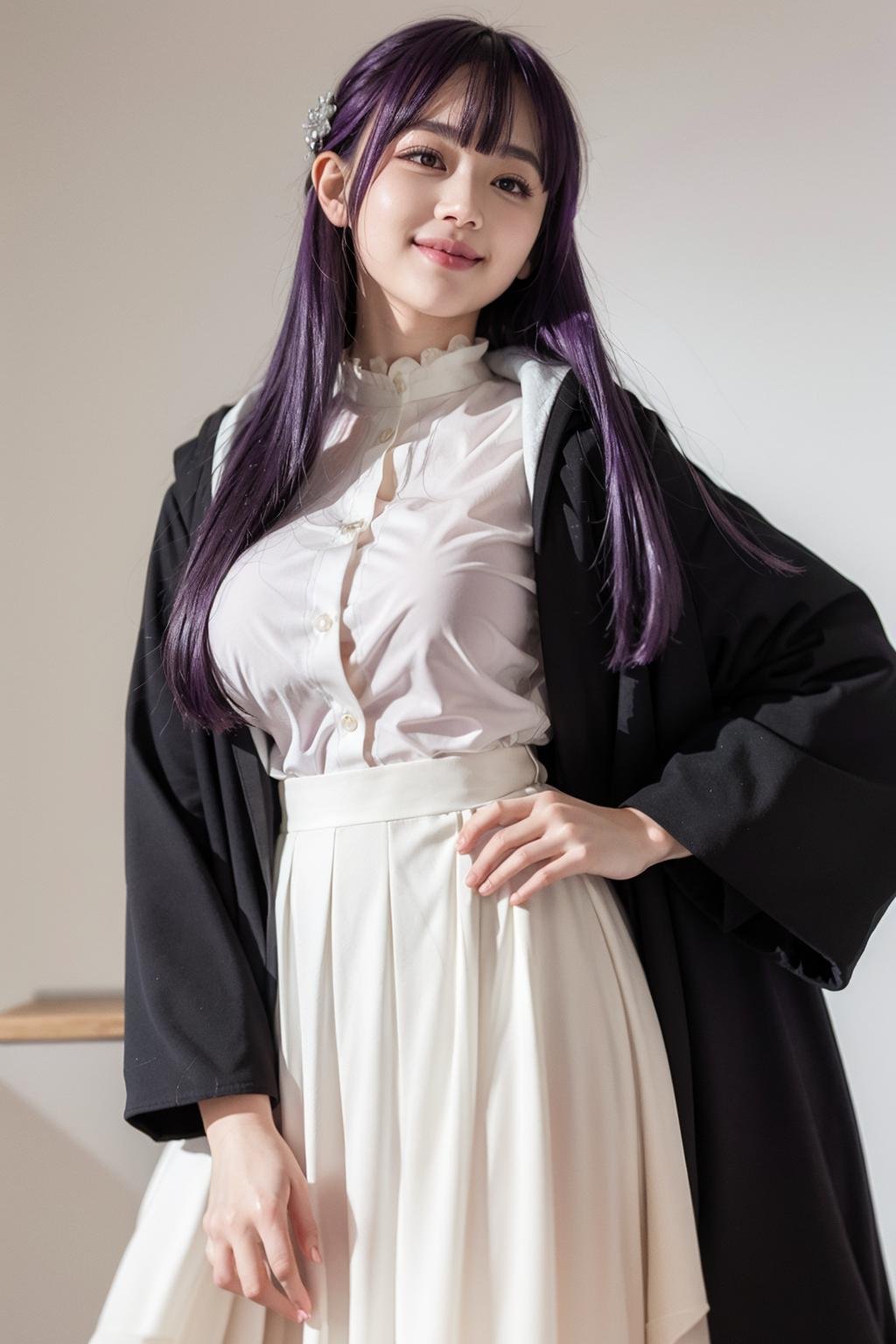 masterpiece, best quality,  <lora:ferunn:1>,1girl, solo, long hair, purple eyes, purple hair, breasts, white background, large breasts, bangs, simple background, smile, blunt bangs, long sleeves, shirt, blush, open clothes, sidelocks, closed mouth, hair ornament, coat, jacket, looking at viewer, looking down, black jacket, white shirt, open coat, high-waist skirt, white dress, skirt, very long hair, white skirt, black coat, open jacket