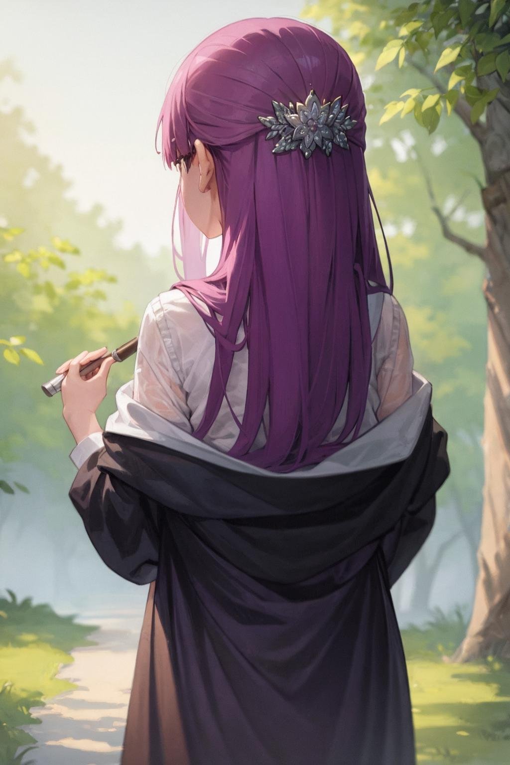 masterpiece, best quality, <lora:ferunn:1>,1girl,purple hair, long hair,back,hair ornament, from behind, 