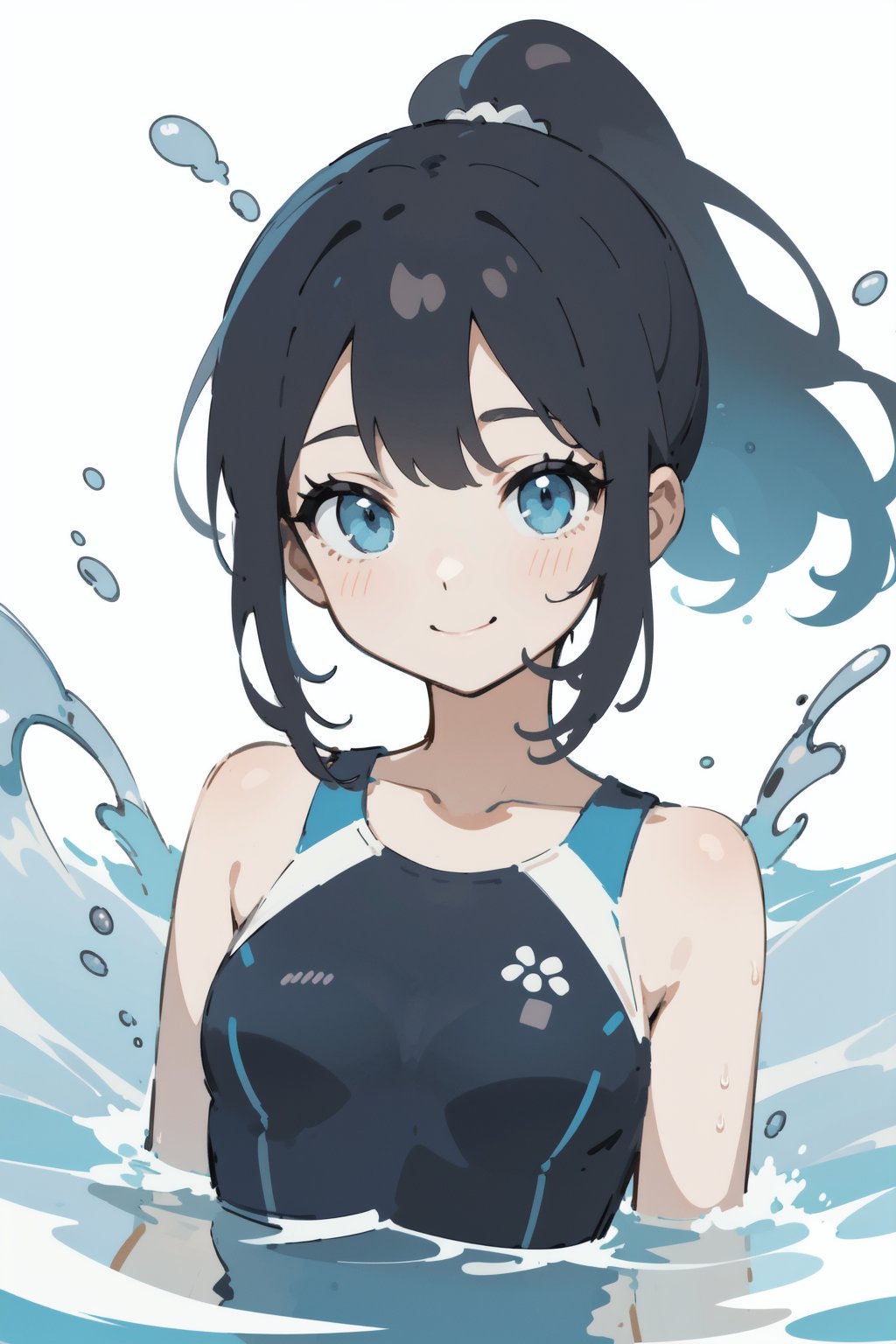 (finely best quality illustration:1.2), (kawaii girl:1.0), (1girl, solo:1.0), (black hair, ponytail:1.0), (swimsuit:1.0), (smile:0.9), (upper body:1.0), (water splash:1.0), (ultra-detailed, highres:1.0),