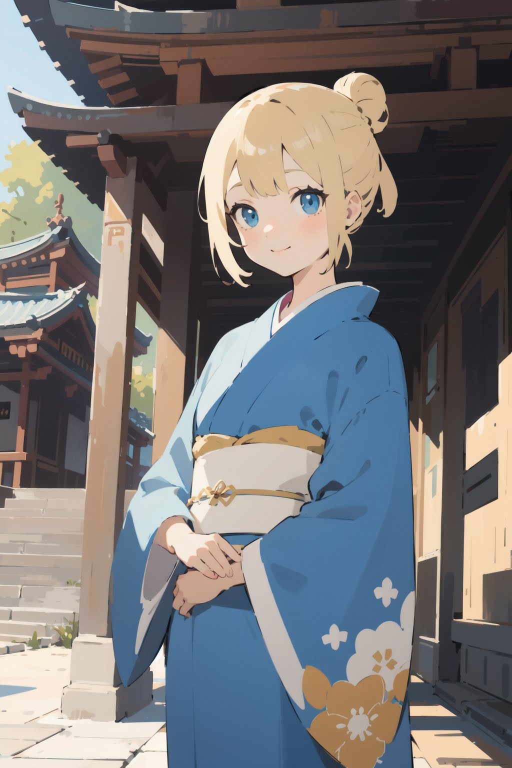 (finely best quality illustration:1.2), (kawaii girl:1.0), (1girl, solo:1.0), (blonde short hair, single hair bun:1.0), (blue kimono:1.0), (smile:0.6), (cowboy shot:1.0), (outdoors, shrine:1.0), (ultra-detailed, highres:1.0),