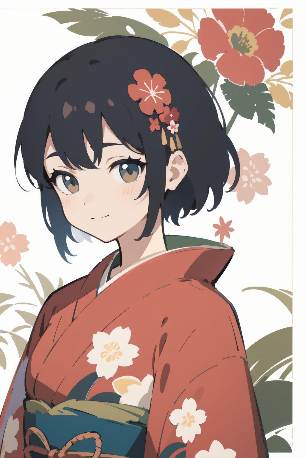 (finely best quality illustration:1.2), (kawaii girl:1.0), (1girl, solo:1.0), (black short hair:1.0), (red kimono, tsubaki pattern, floral pattern:1.0), (smile:0.6), (upper body:1.0), (ultra-detailed, highres:1.0),