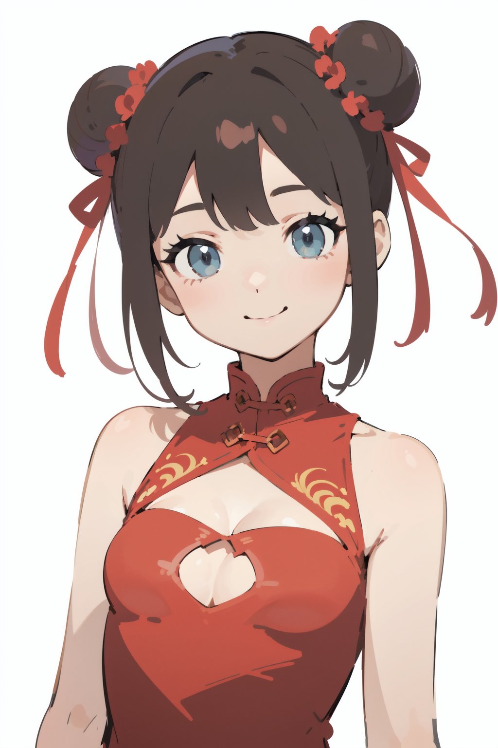 (finely best quality illustration:1.2), (kawaii girl:1.1), (1girl, solo:1.0), (black short hair, double bun:1.0), (red cheongsam, bare shoulders, cleavage cutout:1.0), (flat chest:1.0), (smile:0.8), (upper body:1.0), (ultra-detailed, highres:1.0), (sfw:1.0),