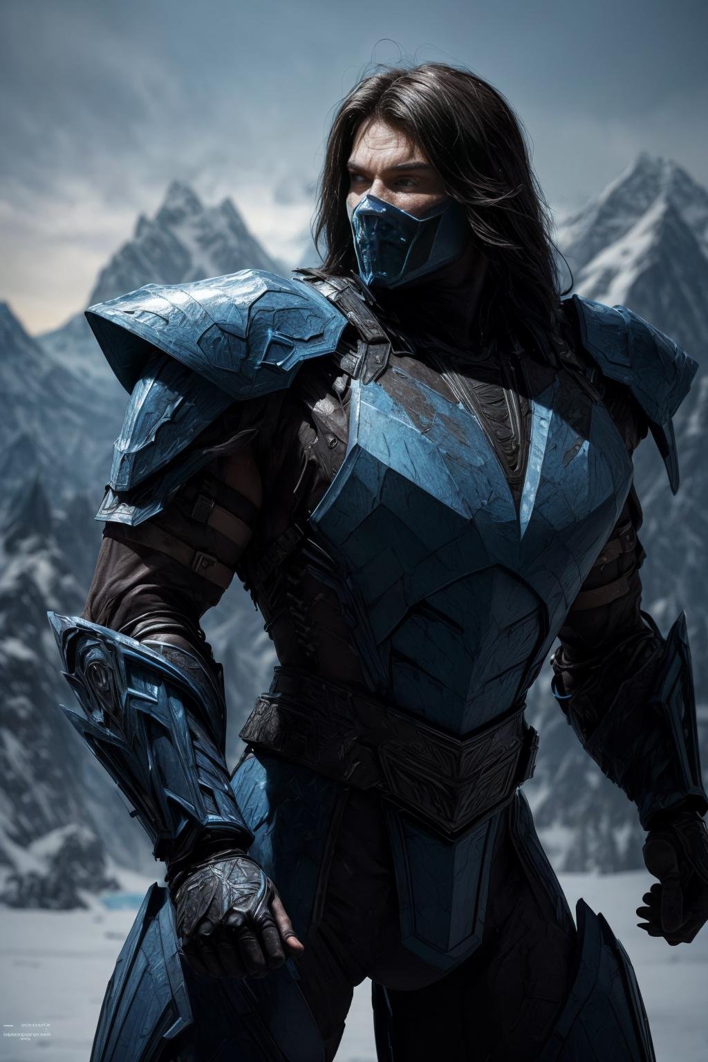 design, interrior, interriordesign <lora:subzero_v2:0.7>Masterpiece, best quality, (highly detailed raw photo:1.2), 8k render in octane, volumetric lighting, volumetric shadows  <lora:more_details:0.6>portrait of a man in a  blue costume, ((full body view)), (armor reflexions:1.2), attack posture, long hairsurrounded by ice, mountains in the background