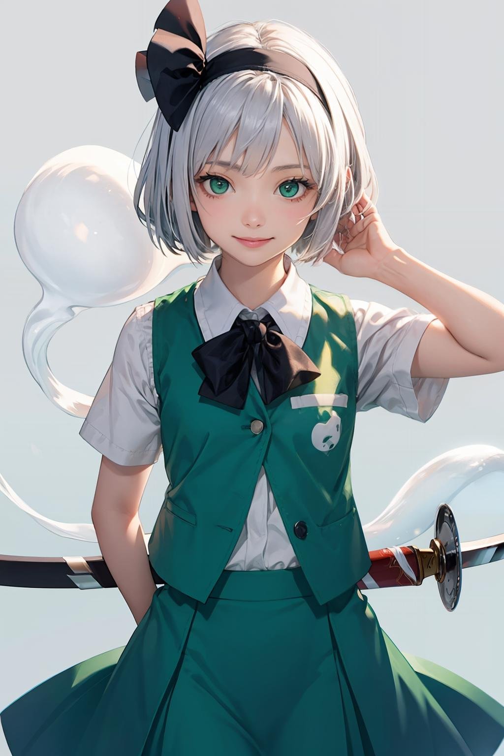 masterpiece, best quality, <lora:youmu-mver:1>,1girl, white hair,short hair,hair ribbon,hairband, green eyes,bow,white shirt,green vest,green skirt,cowboy shot, smile,konpaku youmu (ghost),grey background, weapon, sword, 