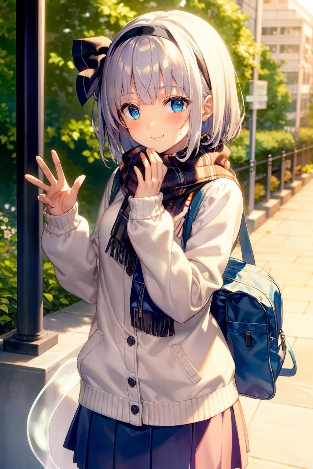 masterpiece, best quality, <lora:youmu-mver:1>,1girl, solo, green eyes, scarf, school uniform, skirt, bag, white hair, hairband, short hair, looking at viewer, alternate costume, ribbon, :3, blush, smile, school bag, serafuku, bow, hair ribbon, contemporary, pleated skirt, konpaku youmu (ghost), flying sweatdrops, black hairband, long sleeves, waving