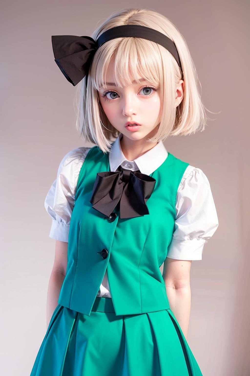 masterpiece, best quality, <lora:youmu-mver:1>,1girl, solo, blue eyes, skirt, short sleeves, white hair, vest, hairband, short hair, blush, looking at viewer, ribbon, bow, puffy sleeves, hair ribbon, simple background, puffy short sleeves, bowtie, black hairband, skirt set, :o, shirt, grey background, arm behind back, green skirt, black bow, black bowtie