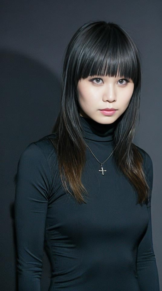 fashion photo, 1  girl in a dark theme, ohwx lea,<lora:ohwx_lea_v2_real:0.65>, wearing a blue turtleneck and a gantz bodysuit, looking straight to viewer, black emo hair, sexy body, mysterious mood, from front, black mirror background, <lora:add_detail:0.4> 