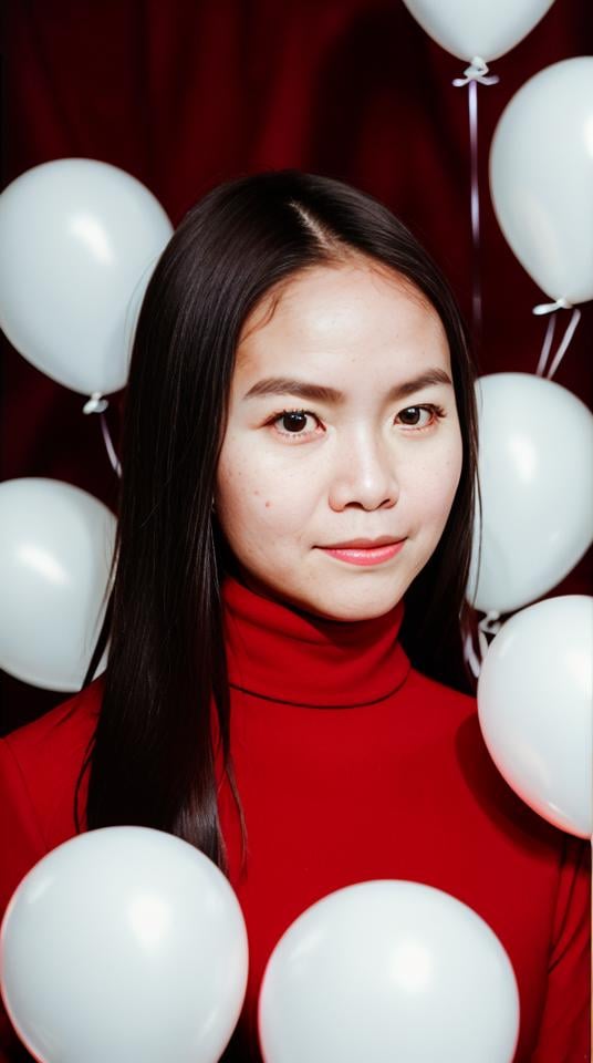 fashion portrait photo, beautiful mid-twenty ohwx stella, from the 60s, wearing a red turtleneck, standing in the middle of a ton of white balloons, taken on a Hasselblad medium format camera,  <lora:ohwx_xxo_v6_real:0.85>