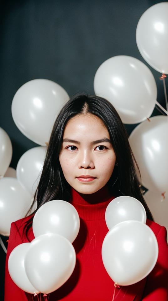 fashion portrait photo, 1 beautiful young ohwx stella, from the 60s, wearing a red turtleneck, standing in the middle of a ton of white balloons, taken on a Hasselblad medium format camera,  <lora:ohwx_xxo_v6_real:0.9>