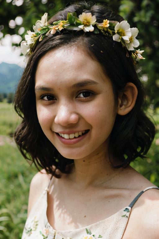 fashion portrait, mid twenties, ohwx farah, pale skin ,short wavy hair, wearing midsommar dress and flower crown, bokeh, on a lush mountain range, depth of field, comfortable expression, looking at viewer,  <lora:ohwx_farah_v2_real:0.75>, sun shaft, soft lighting, taken on a hasselblad medium format camera,  <lora:ohwx_farah_v2_epic:0.25>, little smile