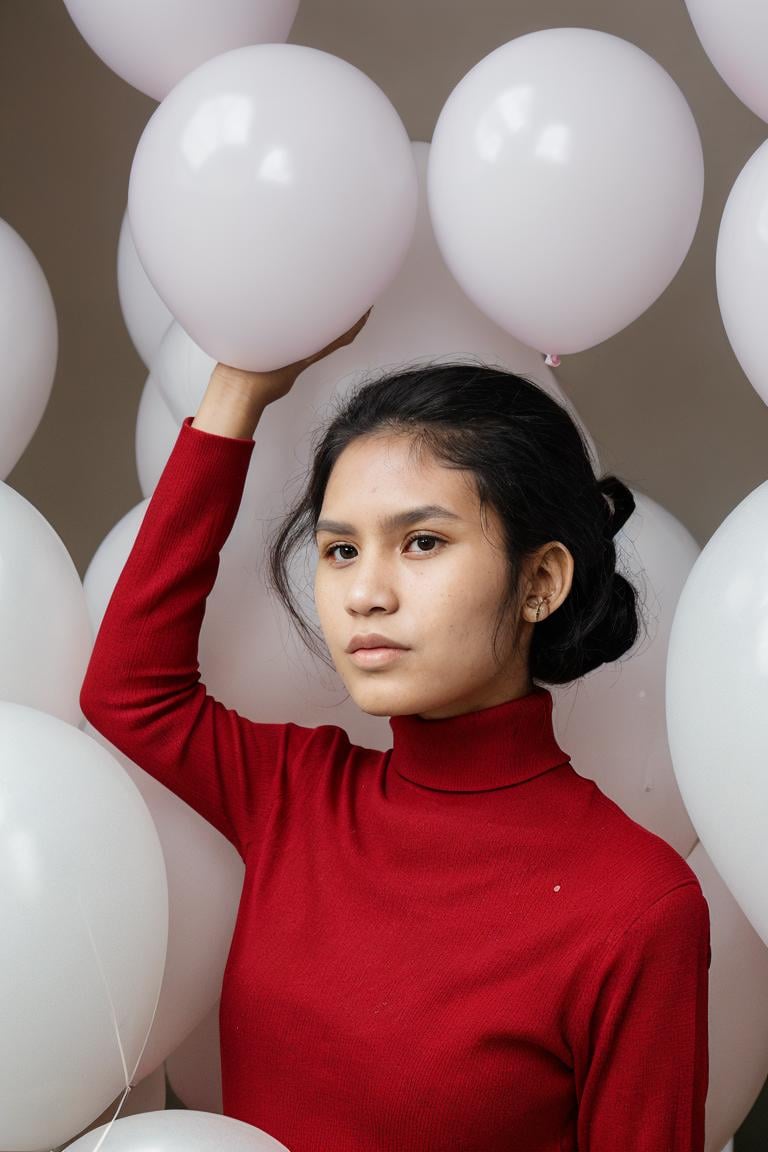 fashion portrait photo of 30 years old (ohwx farah:1.2) from the 60s wearing a red turtleneck standing in the middle of a ton of white balloons, taken on a hasselblad medium format camera,  <lora:ohwx_farah_v2_epic:0.7>, looking down