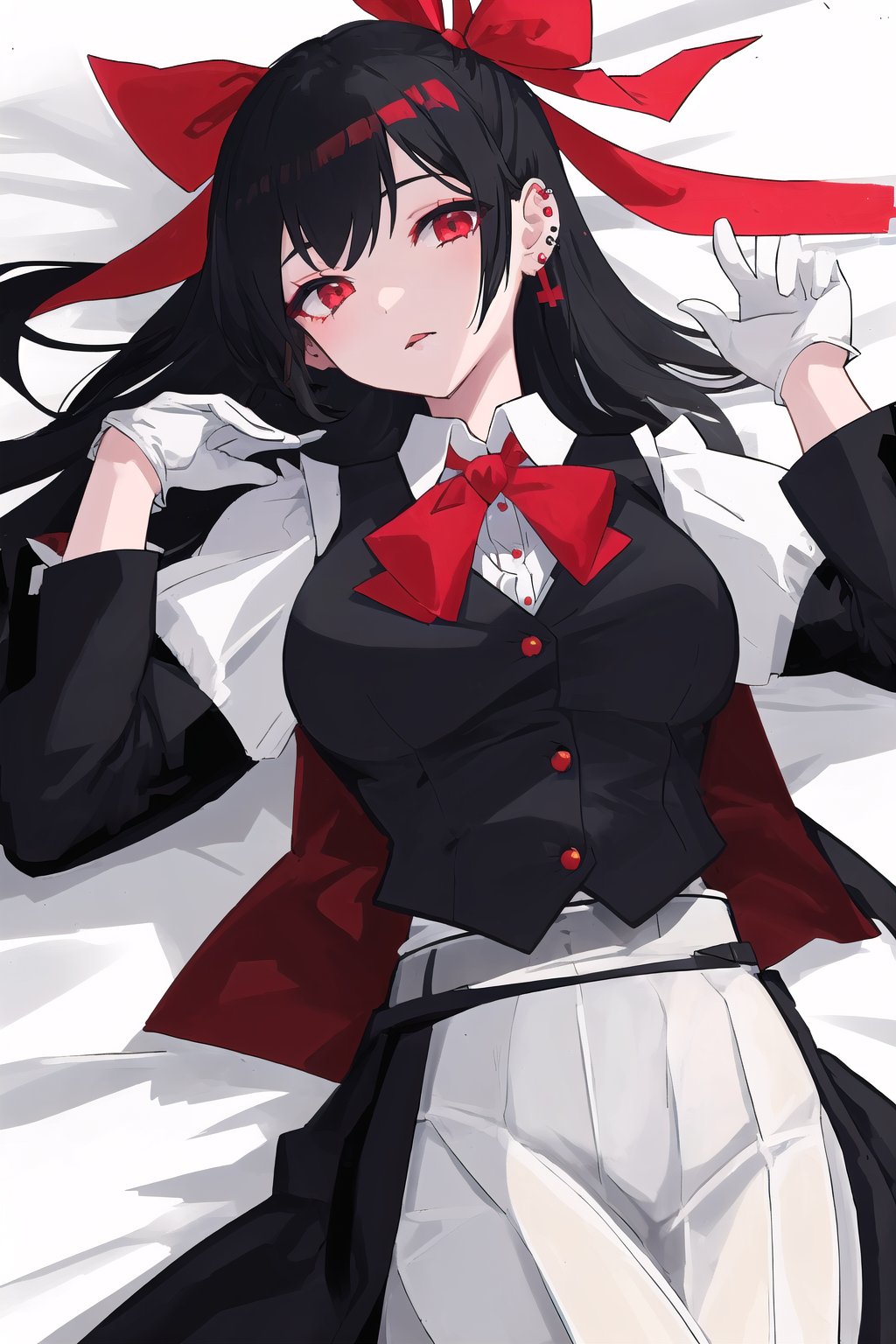 1girl, black hair, dappled sunlight, ear piercing, gloves, hair ribbon, lying, on back, piercing, red ribbon, shirt, vest, white gloves