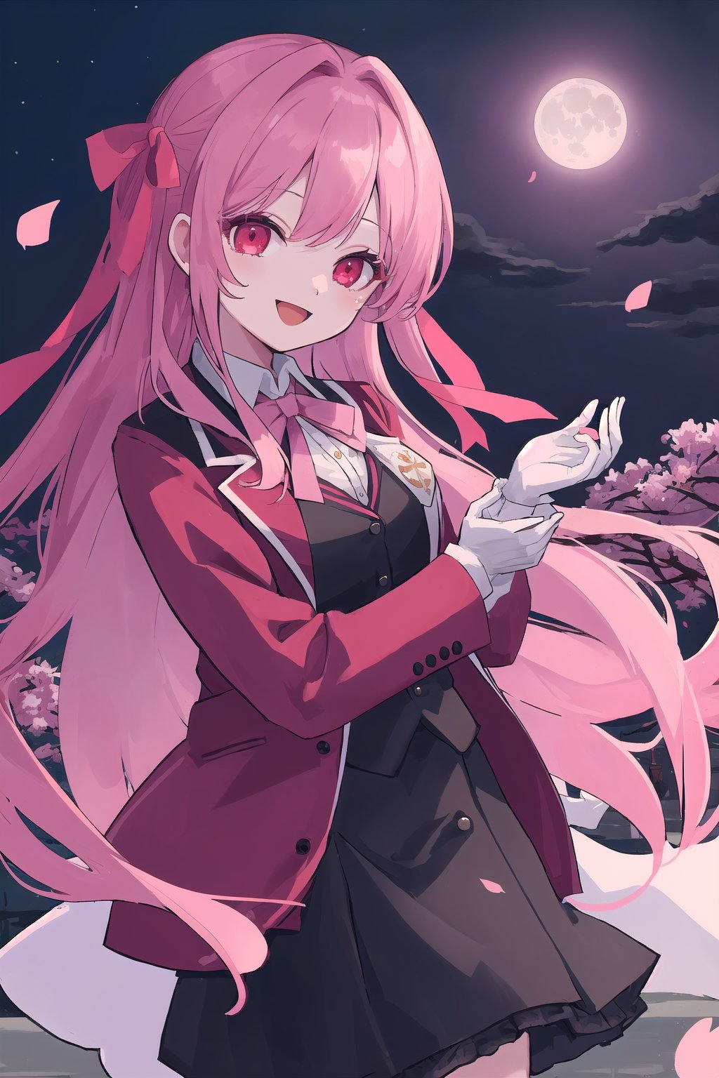 1girl, :d, arm around waist, cherry blossoms, hair ribbon, jacket, long hair, moon, night, outdoors, 
pink ribbon, red eyes, smile, vest, white gloves