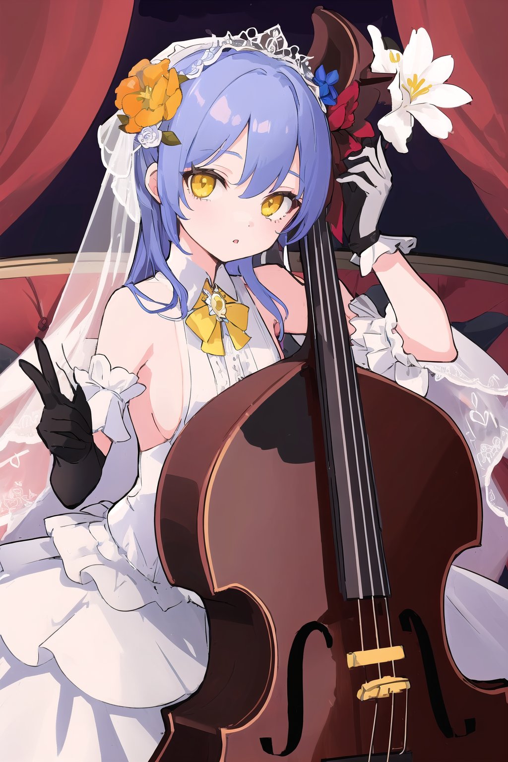 1girl, backless dress, couch, double bass, flower, gloves, hair flower, instrument, looking at viewer, official alternate costume, parted lips, sideboob, teacup, veil, wedding dress, yellow eyes