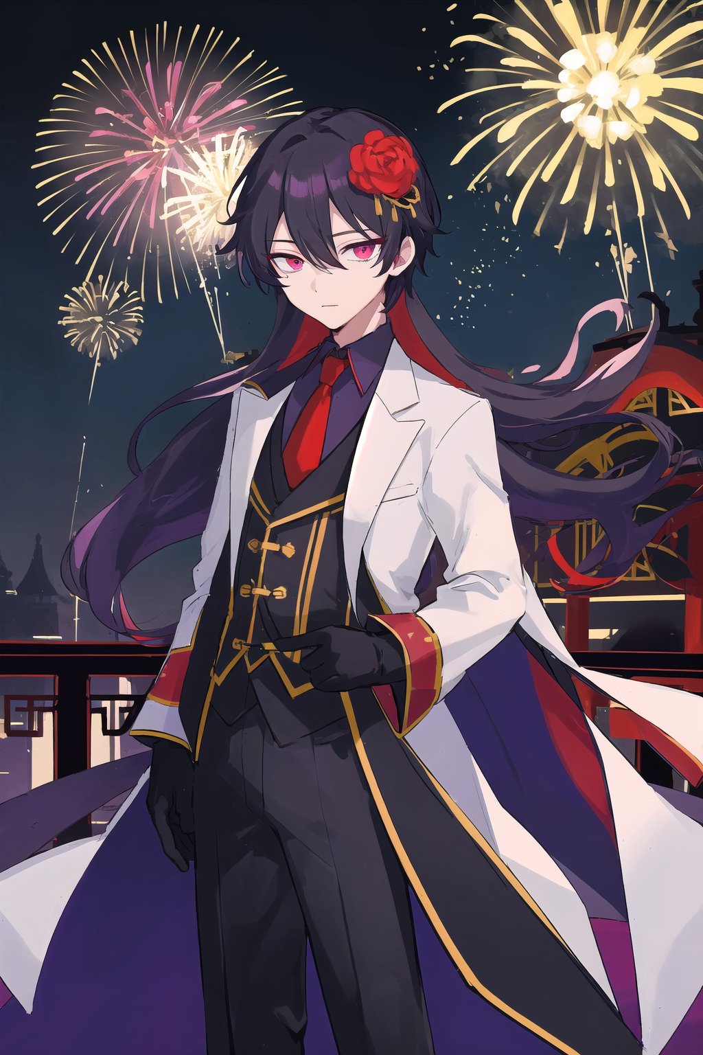 1boy, aerial fireworks, black gloves, china dress, dress, ferris wheel, gloves, hair flower, large pectorals, mole, night, outdoors, purple eyes, red eyes, see-through, very long hair, white coat, yellow eyes