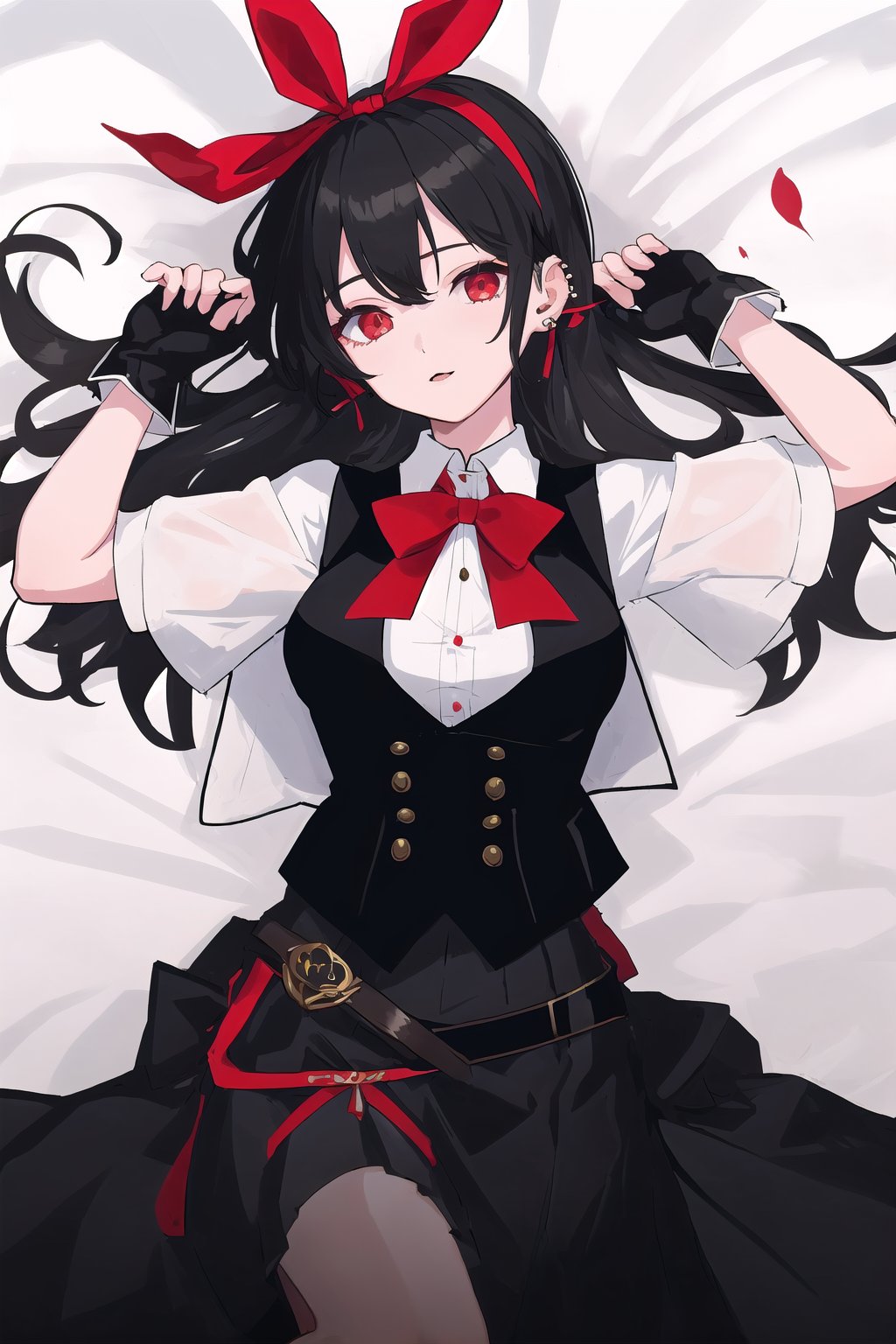 1girl, black hair, dappled sunlight, ear piercing, gloves, hair ribbon, lying, on back, piercing, red ribbon, shirt, vest, white gloves