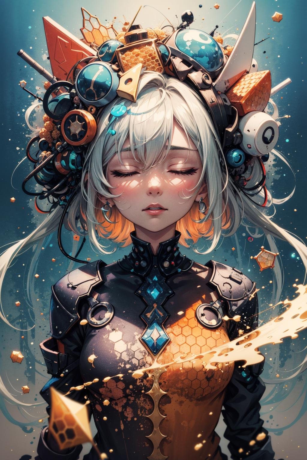 masterpiece, best quality, 1girl, closed eyes, upper body, splashing, abstract, psychedelic, neon, (honeycomb pattern), (creative:1.3), sy3, SMM, fantasy00d