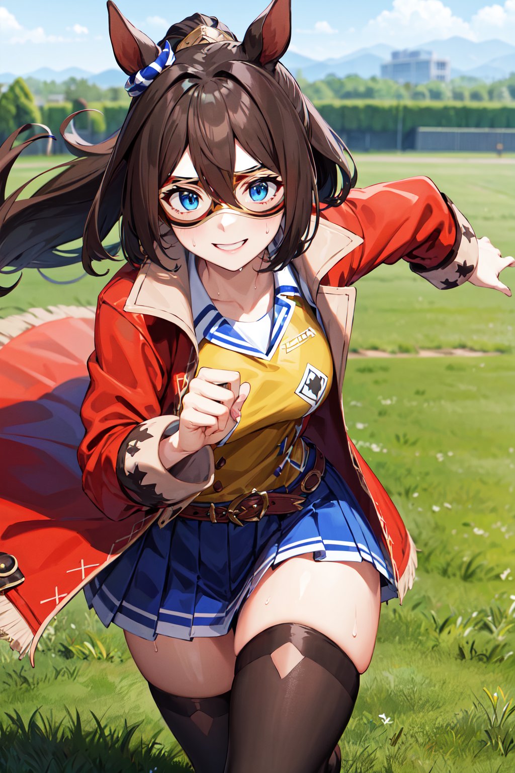 masterpiece, best quality, highres, aaelcondor, blue eyes, animal ears, hair between eyes, domino mask, horse tail, yellow shirt, red coat, belt, blue skirt, pleated skirt, thighhighs, <lora:el_condor_pasa_v1:0.7>, running, field, grass, track, sweat, smile,