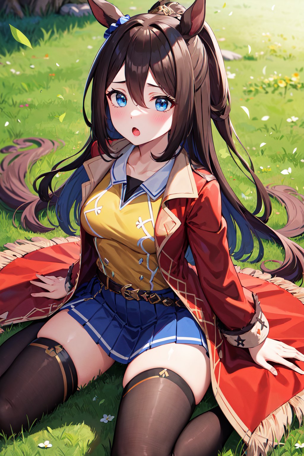 masterpiece, best quality, highres, aaelcondor, blue eyes, animal ears, hair between eyes, horse tail, yellow shirt, red coat, belt, blue skirt, pleated skirt, thighhighs, <lora:el_condor_pasa_v1:0.7>, :o, warzia, grass,